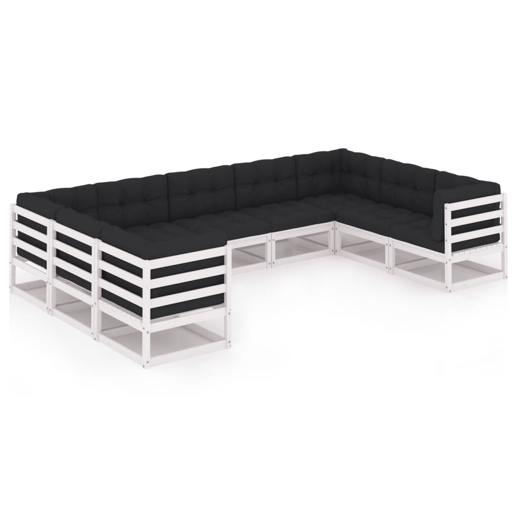 9-tlg. Garten-Lounge-Set mit Kissen Weiss Kiefer Massivholz